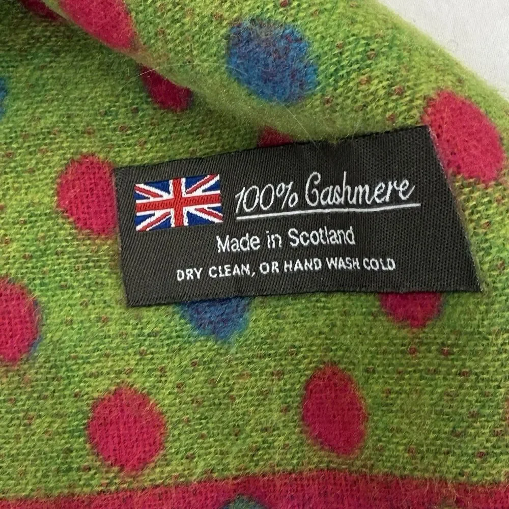 Scottish 100% Cashmere Polka Dot 70x12 Scotland Pink Green 72x11 Reversible